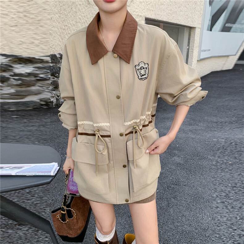 韩系收腰显瘦工装风衣外套女2025年春秋季新款拼接撞色超好看上衣,女装短外套,2C307