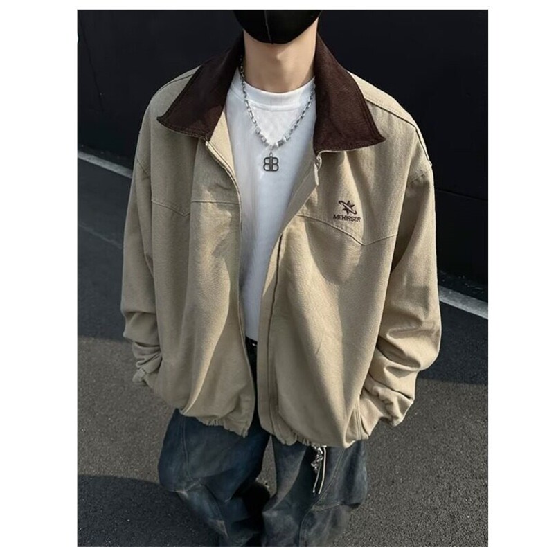 F663P88洗水新春季拼接翻领飞行服外套男女水洗宽松高街百搭夹克图片