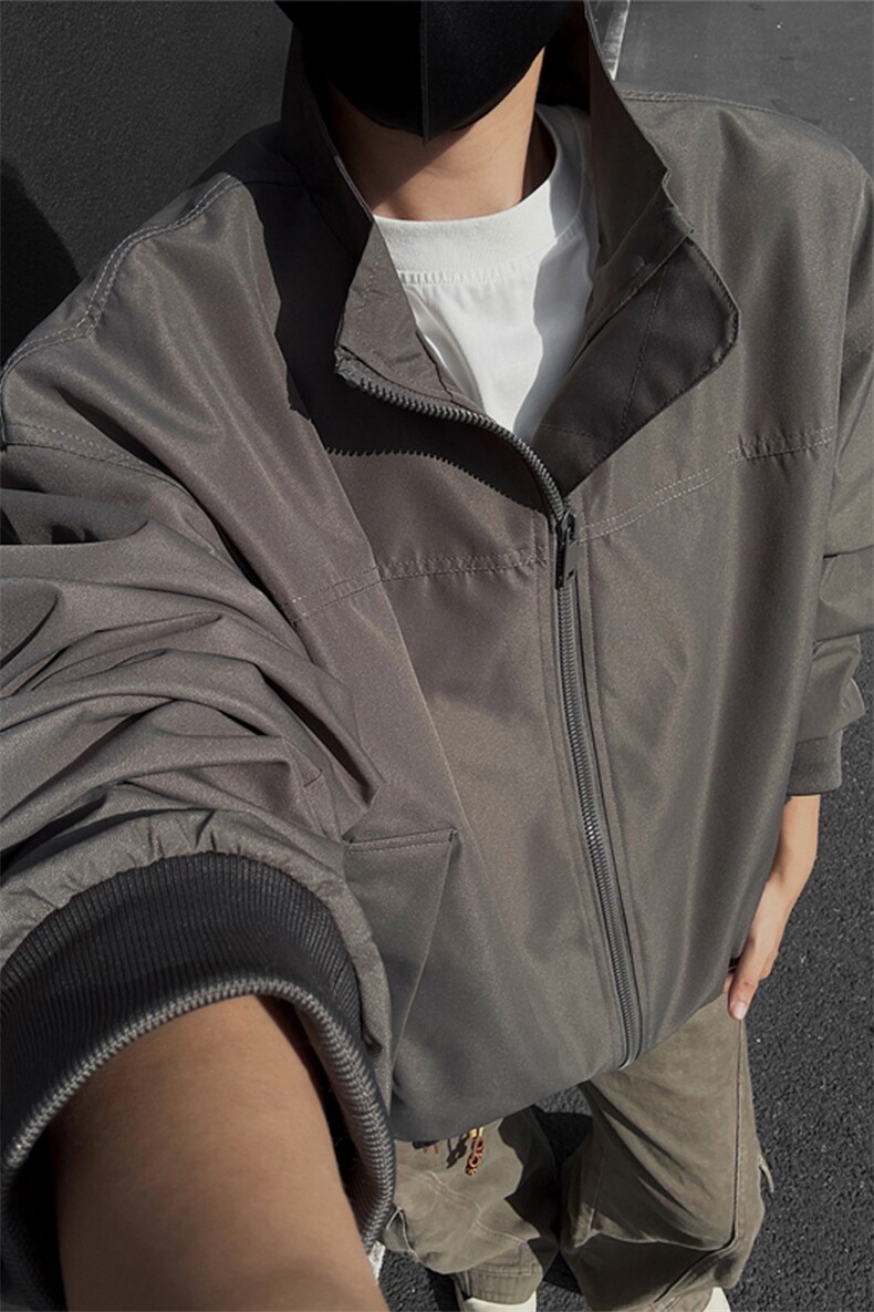 灰色立领健身教练飞行夹克男款秋季美式潮牌复古棒球服硬汉风外套,男装夹克,电商A022