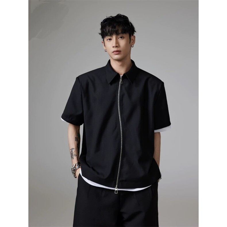 XZ1005-1-TTH608-58S型双开拉链短袖衬衫肌理感衬衣cleanfit,男装T恤,星座1005-1