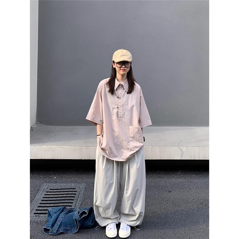 2025新款日系简约纯色纽扣衬衫薄男女夏季宽松短袖上衣垂感,男装T恤,星座506A