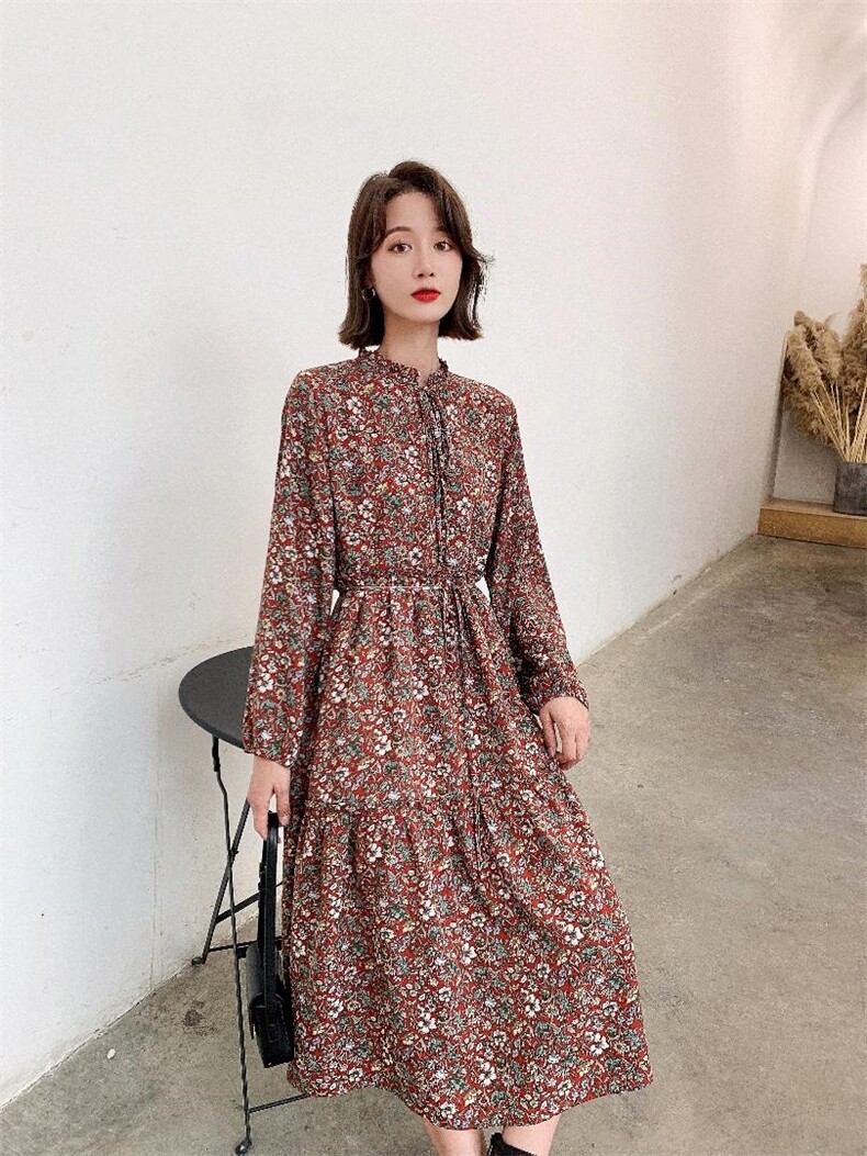 秋冬新款小碎花韩版时尚宽松连衣裙，女装连衣裙，荷塘月色