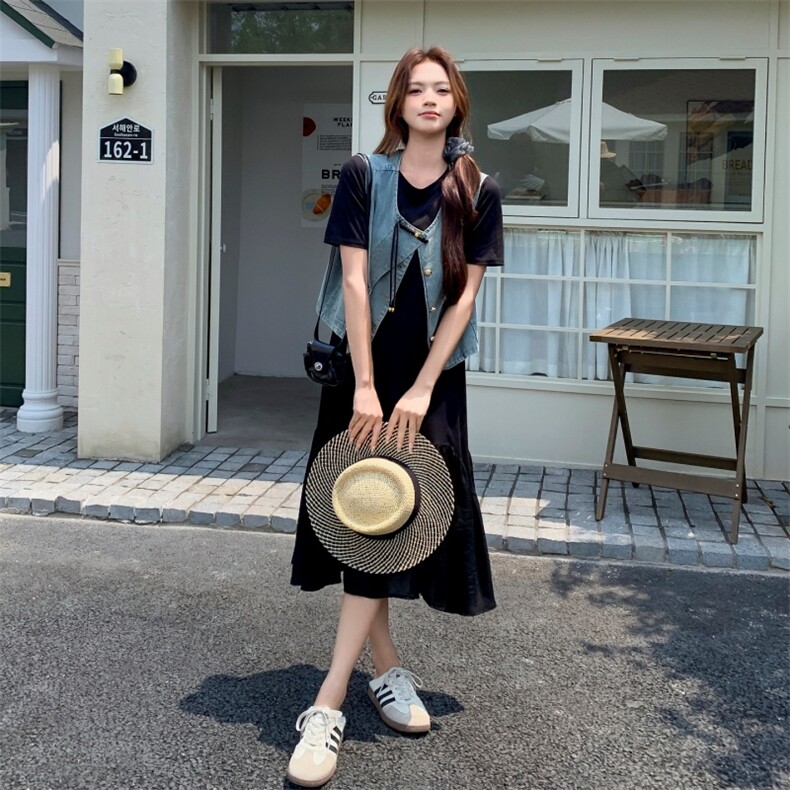 现货大货已出！！2025夏季新款两件套牛仔连衣裙女,女装套装/套裙,2C306