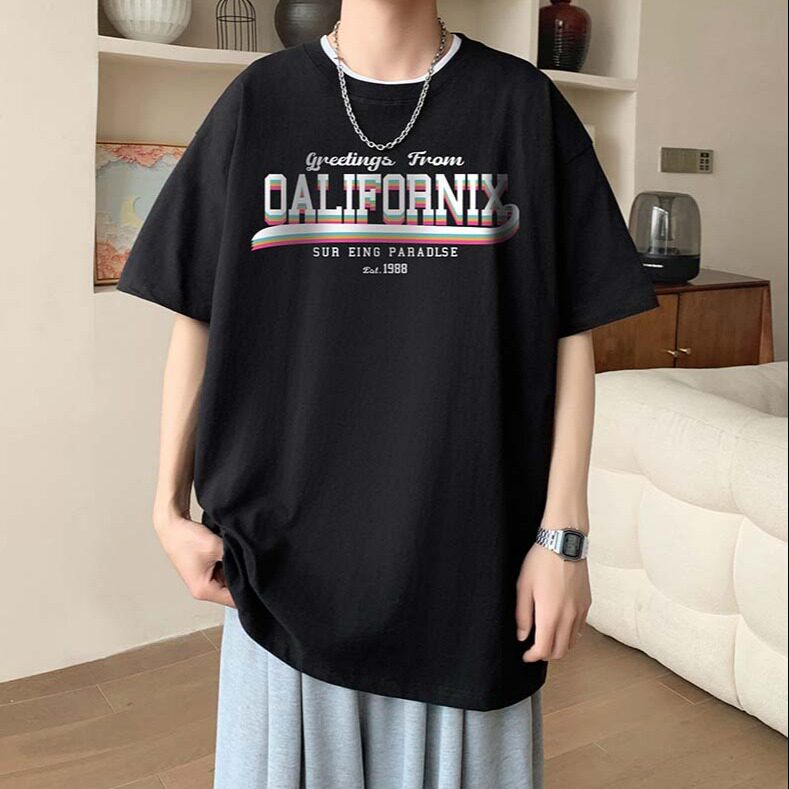 新款夏季男装纯棉短袖T恤落肩款印花时尚休闲宽松上衣,男装T恤,星座1013