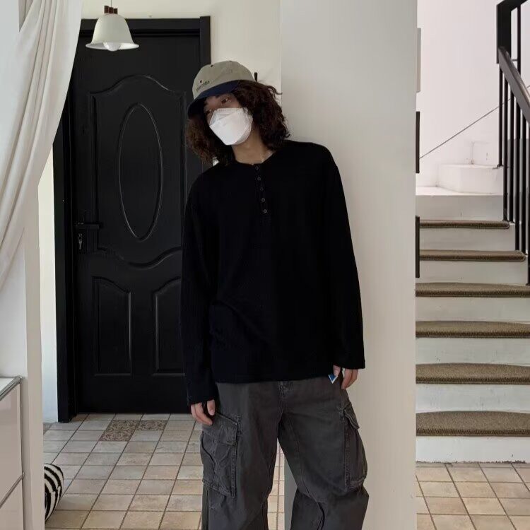 日系复古肌理镂空亨利领长袖T恤男秋冬季纯色宽松打底衫,男装T恤,星座506A