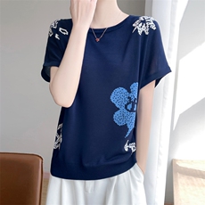 夏季新款简约莱赛尔天丝花朵蓝色短袖女宽松百搭显瘦时尚休闲上衣，女装T恤，暖娇绒包芯纱店