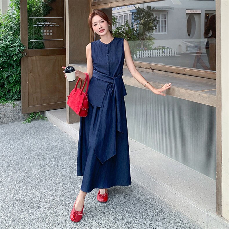 老钱风无袖绑带上衣半身裙套装女2025夏季新款法式气质显瘦两件套,女装套装/套裙,浙宝305