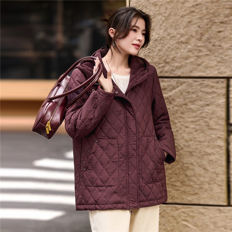 2025年冬季中长款连帽夹棉菱格棉衣棉服外套,女装棉衣/棉服,简韵佳
