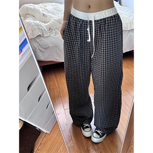 ！韩系拼接格纹抽绳小翅膀印花休闲裤,小可的穿搭攻略图片