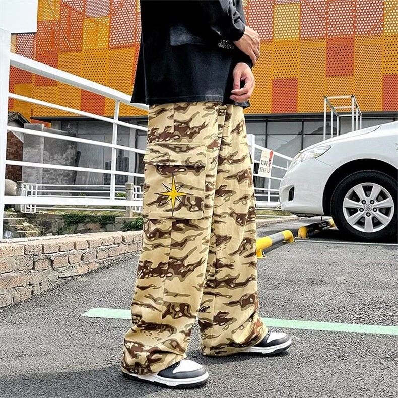 迷彩工装裤男潮牌2023秋季军绿宽松直筒休闲裤FK53P45,男装休闲裤,星座1116-2