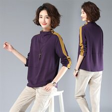 2021春秋装新款文艺条纹撞色高领打底衫韩版休闲t恤女长袖宽松，女装卫衣/绒衫，涵誉