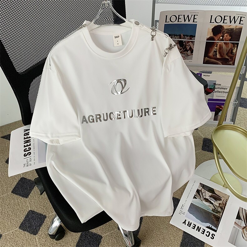 夏款男短袖T恤亮片字母铁链五分袖衬衣T147P43,男装T恤,星座1013-1