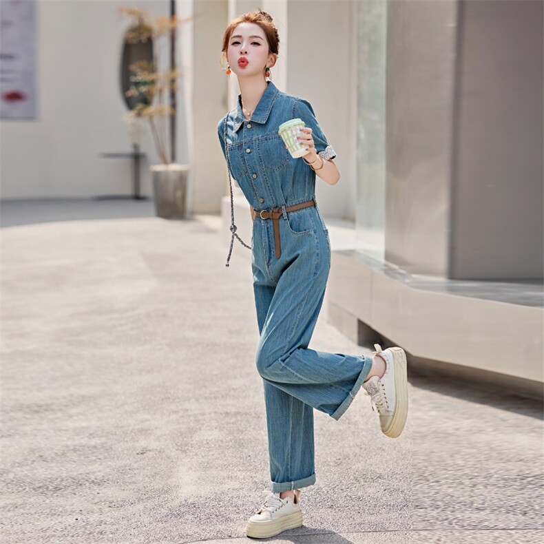 欧货薄款牛仔连体裤女2025夏新款时尚炸街显瘦蕾丝拼接直筒连衣裤,女装连体裤,意芙