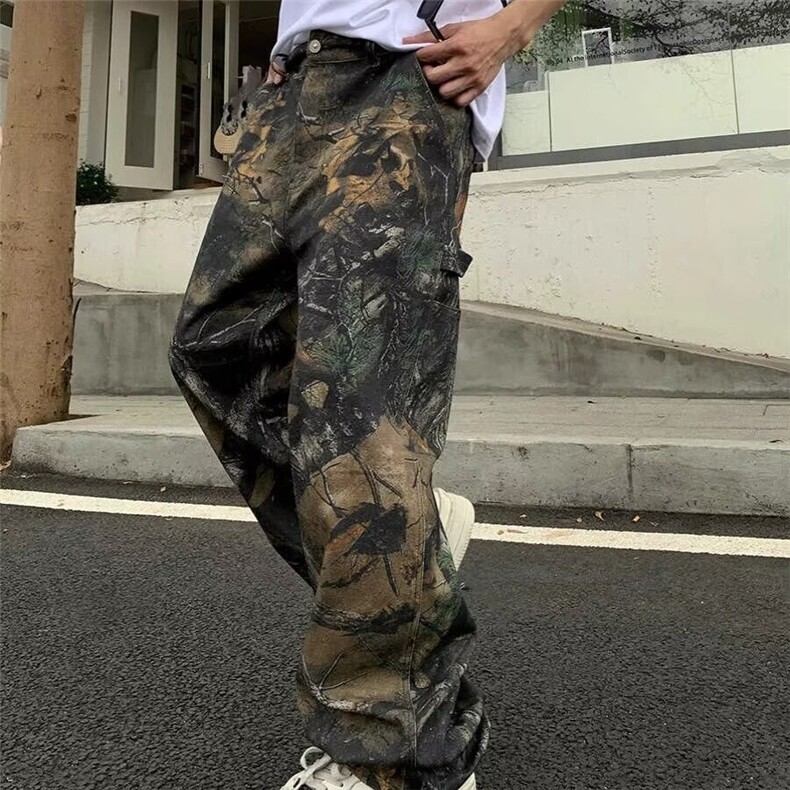 美式街头树枝迷彩复古工装牛仔裤男百搭高街宽松小众设计阔腿休闲图片