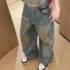 美式高街设计感泼漆涂鸦阔腿牛仔裤男女夏季复古做旧废土风拖地裤，男装牛仔裤，星座1210-1