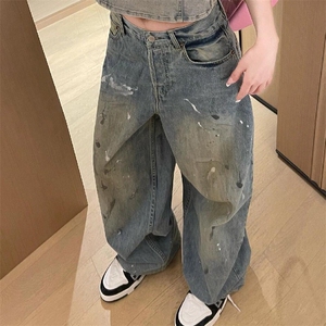 美式高街设计感泼漆涂鸦阔腿牛仔裤男女夏季复古做旧废土风拖地裤图片