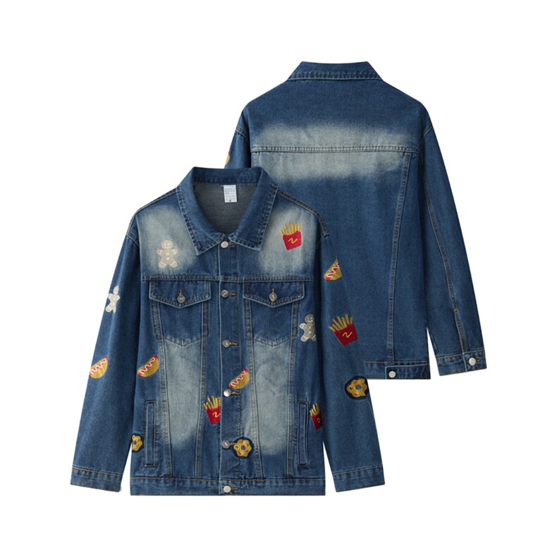 港风秋款男女牛仔夹克衫汉堡图案刺绣渐变色外套AK92P75，男装工装外套，星座1013-1
