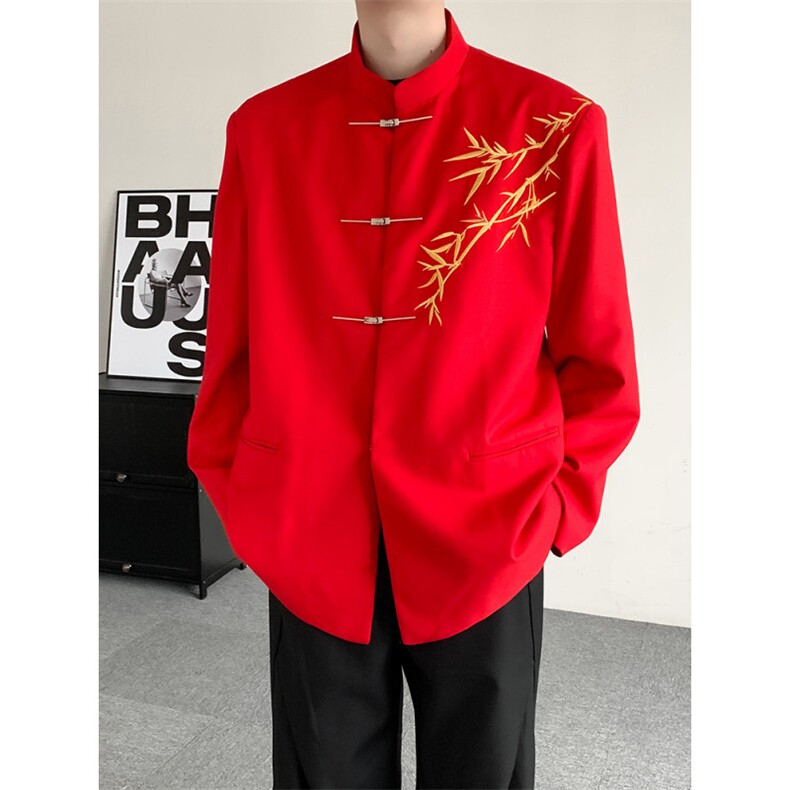 2026红色新中式拜年红色喜庆中山装西服结婚登记男女垫肩西装外套,男装西服套装,星座909