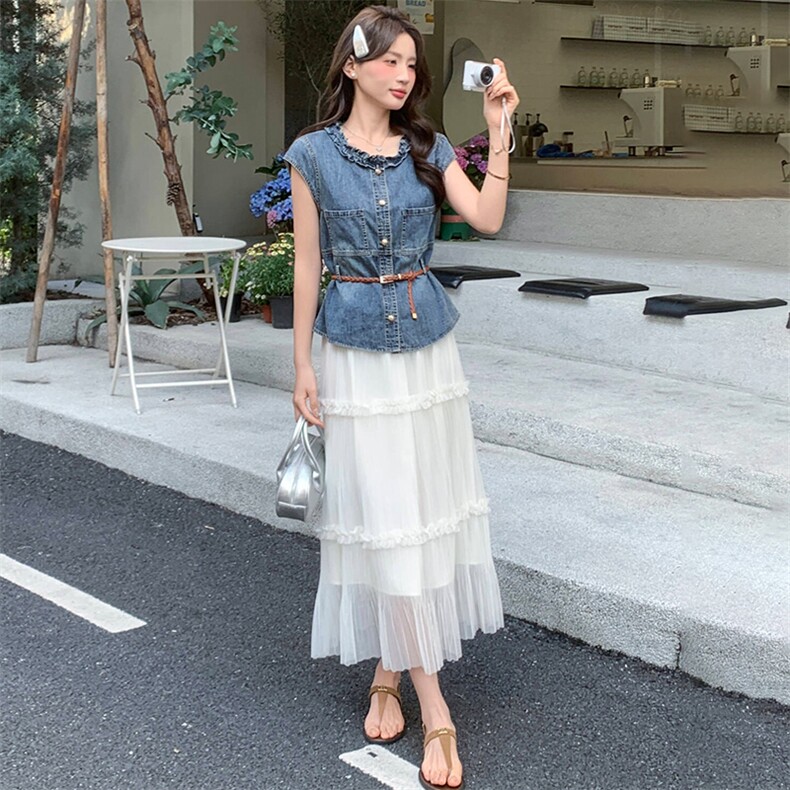 2026年夏季新款时尚潮流牛仔上衣配飘逸纱裙两件套裙，女装套装/套裙，心心服饰