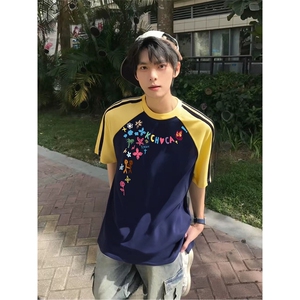抖音得物品质二开240克宽松纯棉美式潮牌插肩三杠织带短袖T恤图片
