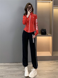 设计感欧货休闲运动套装女秋拉链开衫红色立领上衣束脚长裤两件套图片