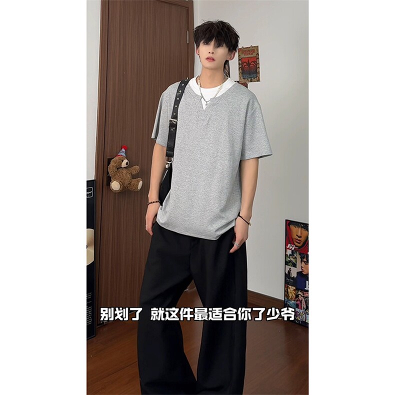 250克高品质面料打造小众设计的假两件短袖潮牌上衣HY735TP38控68,男装T恤,电商A102B