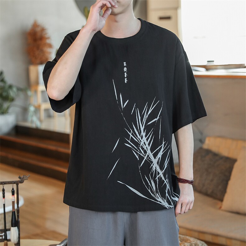 2021夏新大码兰花印花风咖啡厅短袖透气亚麻T恤T1518-P30,男装T恤,电商A001