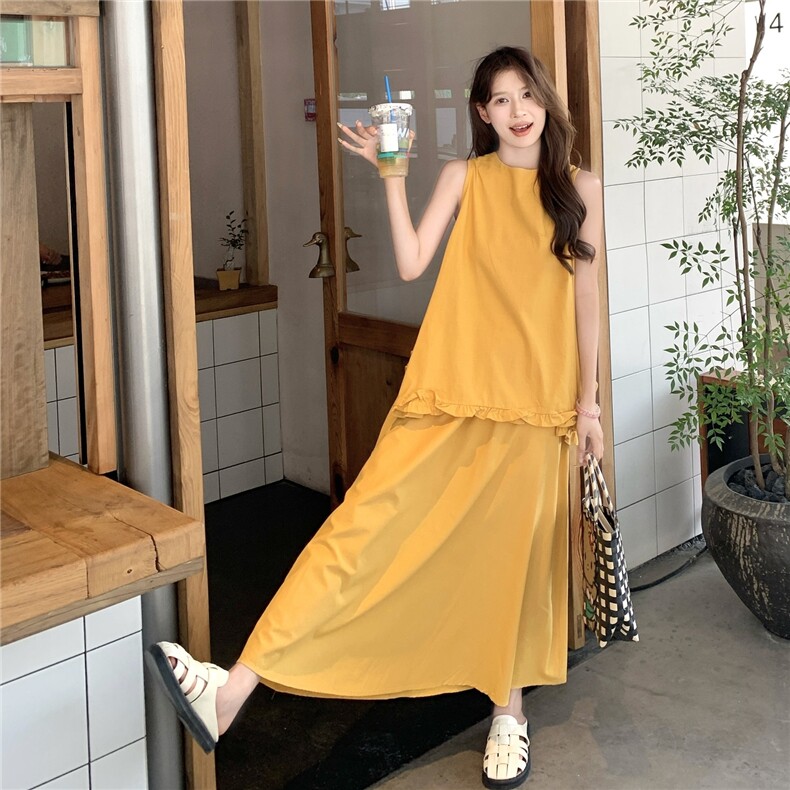 黄色不规则木耳边拼接上衣流行套装女2025夏季气质浪漫半身裙套装,女装套装/套裙,维壹