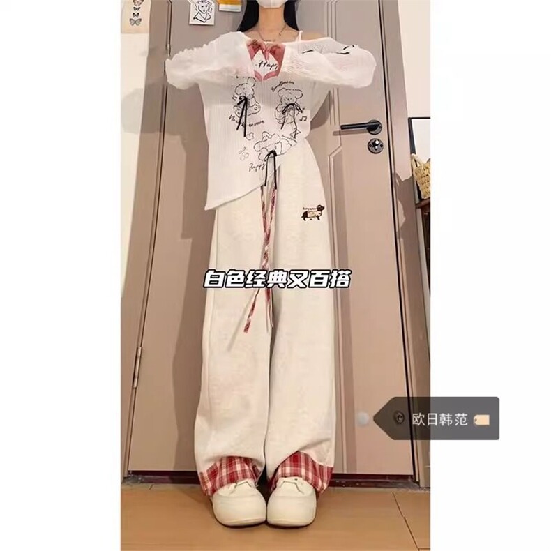 AK2445-P55 立体腰头格子拼接美式潮牌卫裤女阔腿宽松休闲长裤子图片