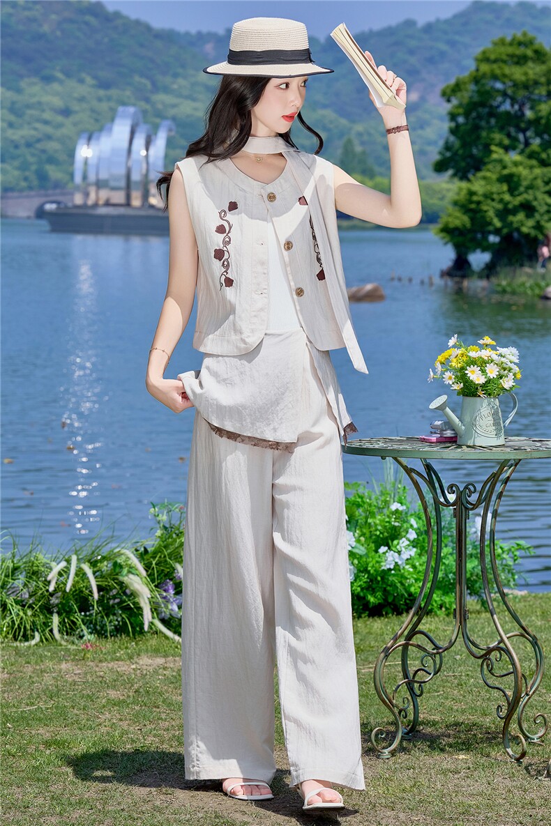 （新款现货）2026夏装时尚莱赛尔蕾丝刺绣马甲+屁帘阔腿裤两件套,女装套装/套裙,印象茜