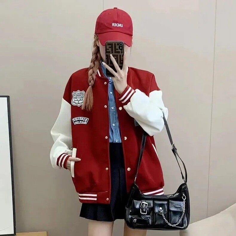 黑色减龄学院风棒球服外套女2025春秋新款美式复古设计感休闲上衣,女装卫衣/绒衫,星座218-8