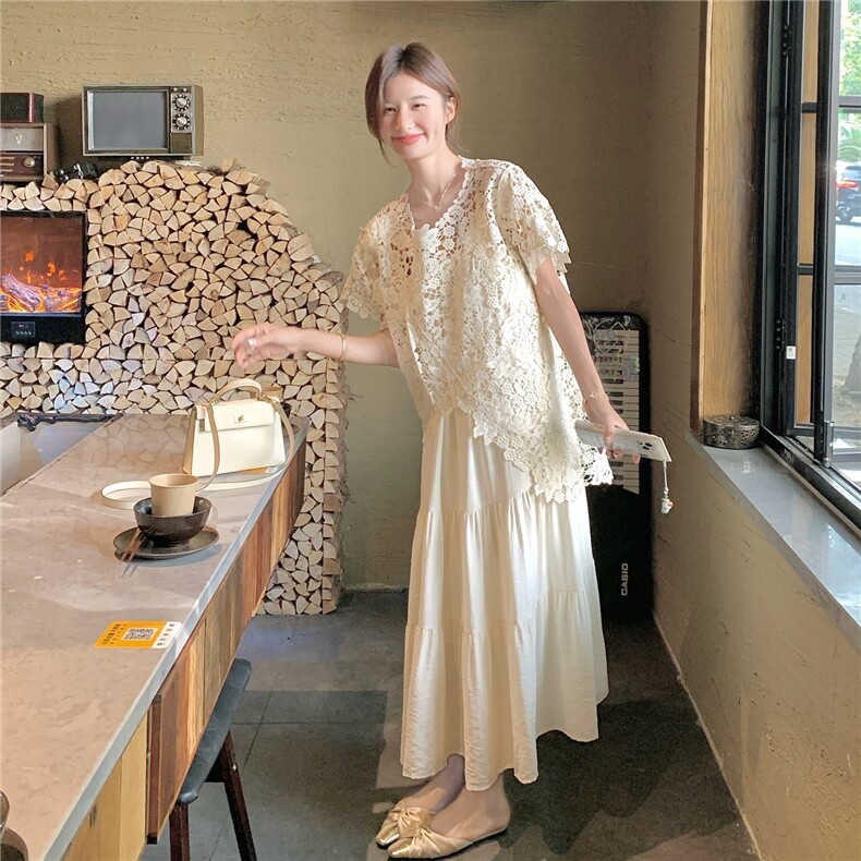 米白色休闲气质连衣裙套装女2025夏新款法式钩花罩衫吊带裙两件套,女装连衣裙,2C267