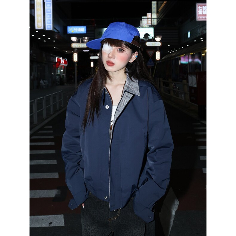 格纹撞色拼接夹克上衣男女春秋宽松休闲情侣痞帅工装外套JK6818,男装夹克,星座516A