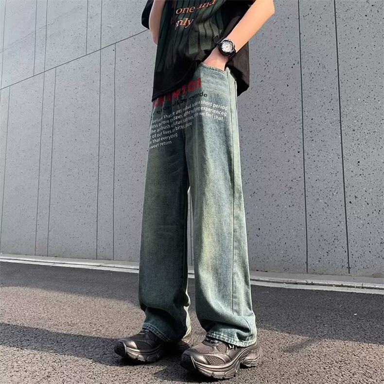 美式复古水洗做旧印花牛仔裤男宽松设计感直筒裤子6087-P48,男装牛仔裤,星座1001-1