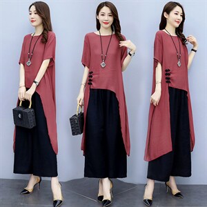 2021夏季新款简约优雅时尚气质圆领显瘦休闲舒适两件套,女装套装/套裙,香香