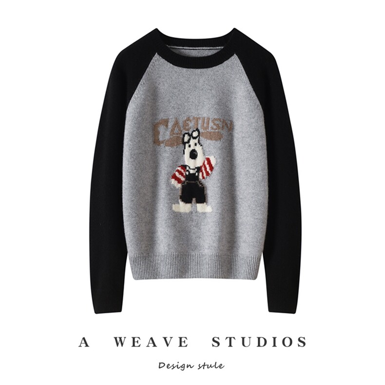 双股卡通熊圆领羊绒衫，女装针织衫/毛衣，戎魅羊绒