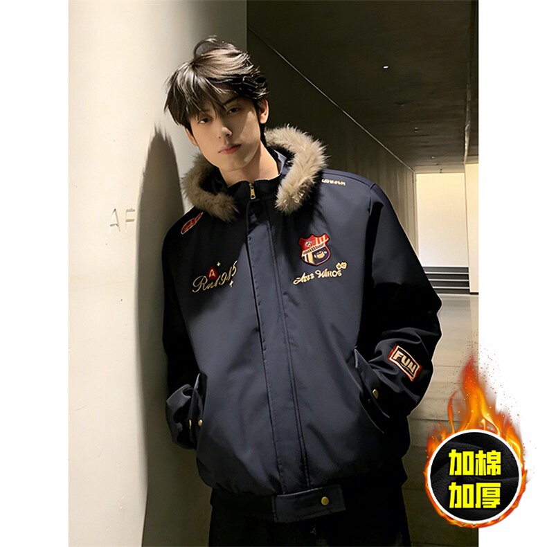 现货高品质美式高街重磅刺绣座山雕大毛毛领棉衣男女加厚棉服外套，男装棉衣，电商A486