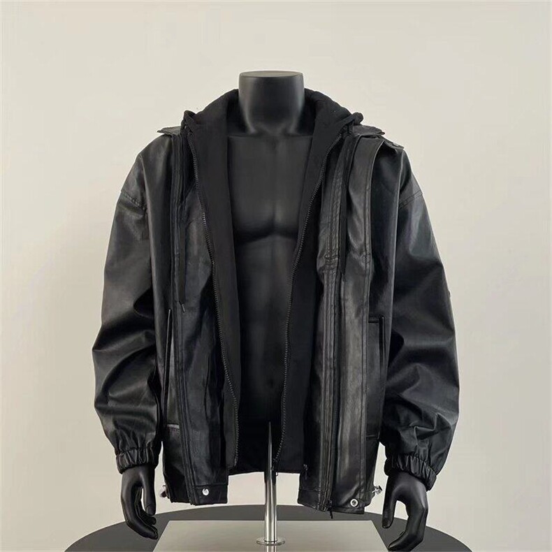 假两件连帽皮衣男士夹克春秋潮牌哈雷机车外套1001-1-PY118-P85,男装皮衣,星座1001-1