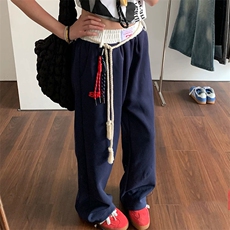 AK2176-P52美式复古抽绳撞色拼接直筒宽松休闲长裤，女装休闲裤，星座617A-2