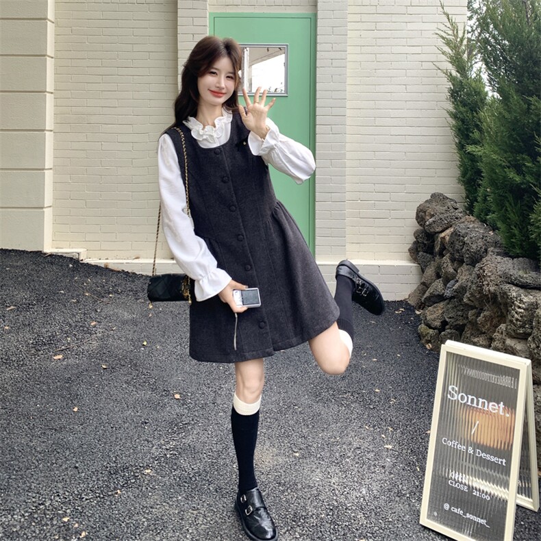小香风灰色扣子背心裙套装女2026年春季韩系学院风花边衬衫两件套,女装套装/套裙,2C159