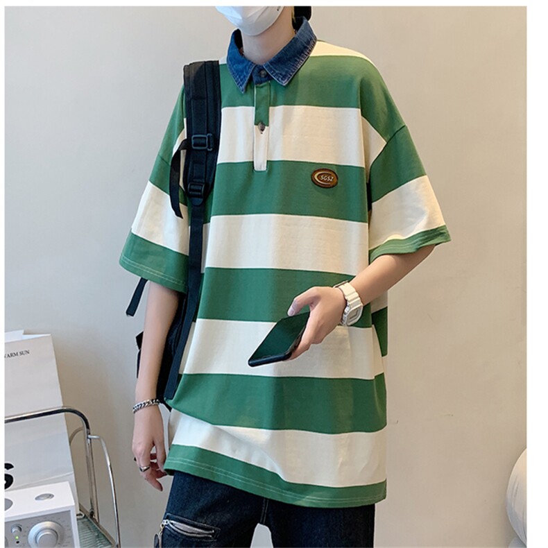 夏季百搭翻领polo衫港风潮流条纹撞色宽松短袖T恤男 T1170-P31图片