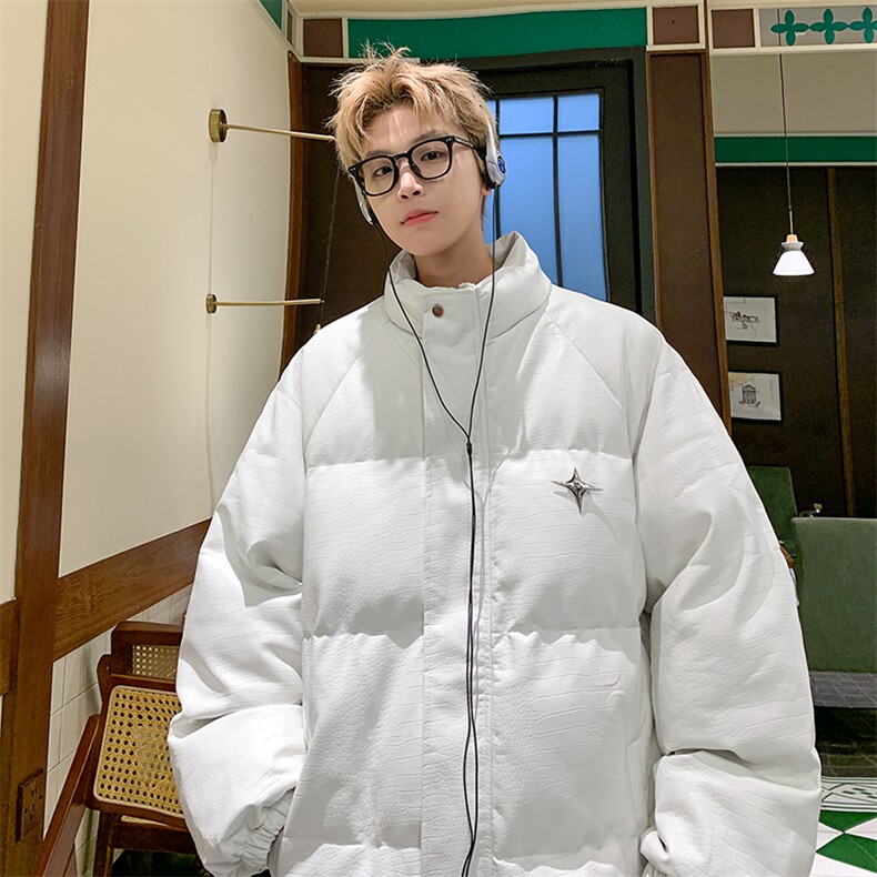 男PU皮棉衣男宽松立领加厚凹凸钢印充棉棉袄MY8699/P115白色8,男装棉衣,电商A094