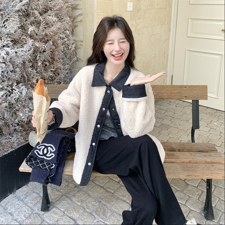 有货牛仔拼接羊羔毛外套2C090-8968-P165-K248,女装棉衣/棉服,2C090