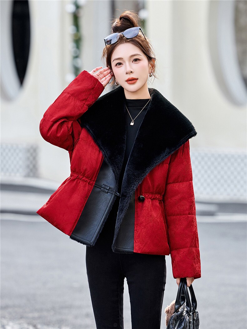 新中式G风羽绒服女2025冬季新款毛毛领拼接提花保暖白鸭绒外套,女装羽绒服,流量+
