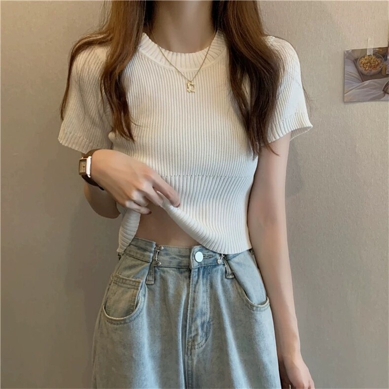 韩版夏季短款独特超好看纯色纯棉针织衫短袖T恤小上衣打底女图片