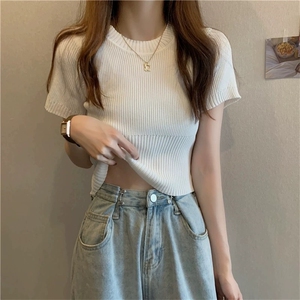 韩版夏季短款独特超好看纯色纯棉针织衫短袖T恤小上衣打底女图片