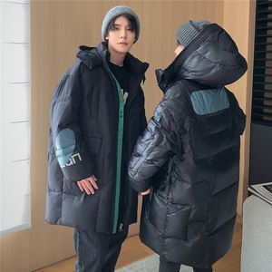 新款冬款加肥款男女中青年韩版情侣装羽绒服过膝长款羽绒外套大衣
