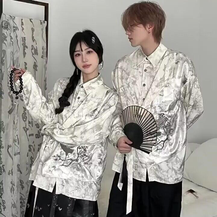 衬衫长袖男春秋2025新款水墨印花炸街痞帅上衣潮牌高级感衬衣外套图片