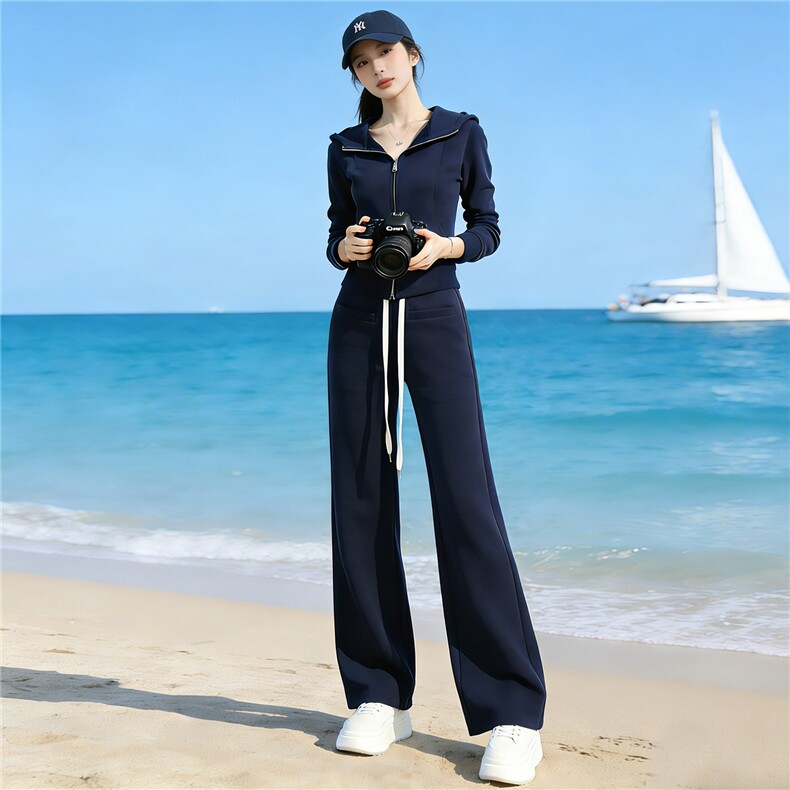 设计高级感休闲运动套装女春款减龄双头拉链连帽卫衣直筒裤两件套，女装套装/套裙，江南
