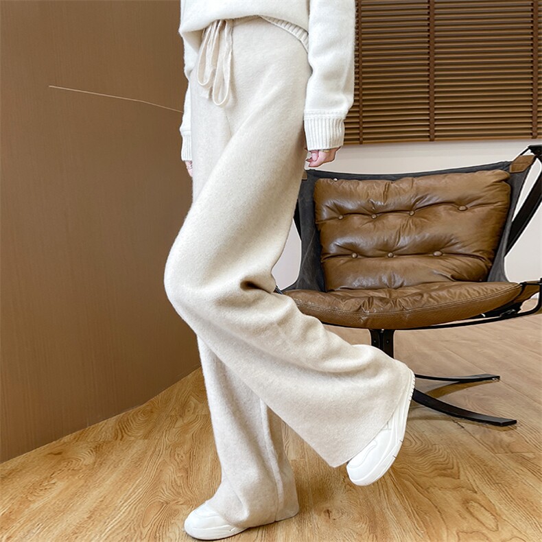 时尚气质简约2024年秋季显瘦纯色羊绒针织阔腿裤，女装休闲裤，暖习羊绒